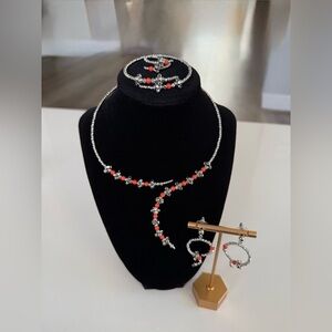 Elegant Silver and Red Beaded Necklace Set